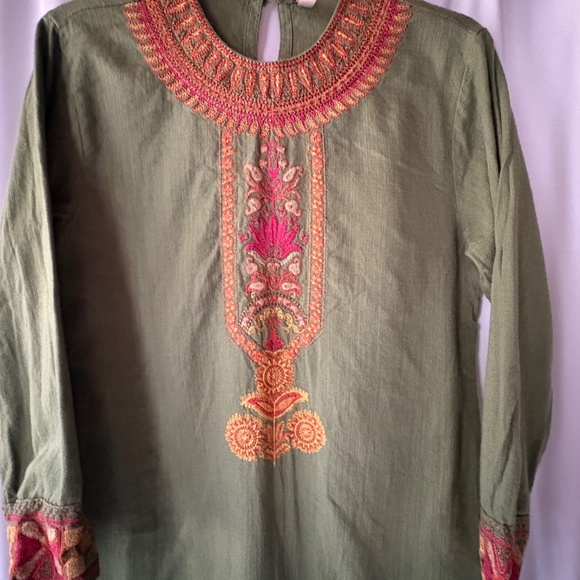 Ethnic Green Embroidered Pakistani Cotton Phiran 3/4 Sleeve Dress Women's Small - Picture 3 of 11